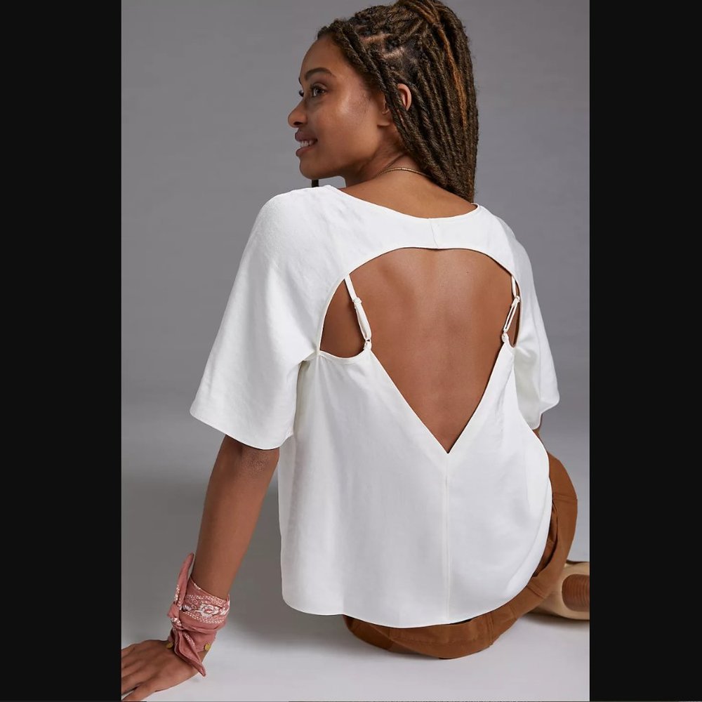 Anthropologie Cream Short Sleeve Top with V-Back